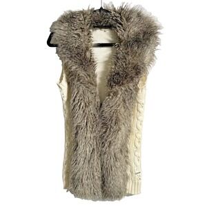 Guess Y2K Faux Fur Knit Sweater Vest With Horn Tooth Closure Ivory + Brown JLO M